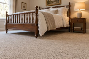 Cozy bedroom with beige carpet, wooden bed, and warm bedside lighting | Sackett's Flooring Solutions